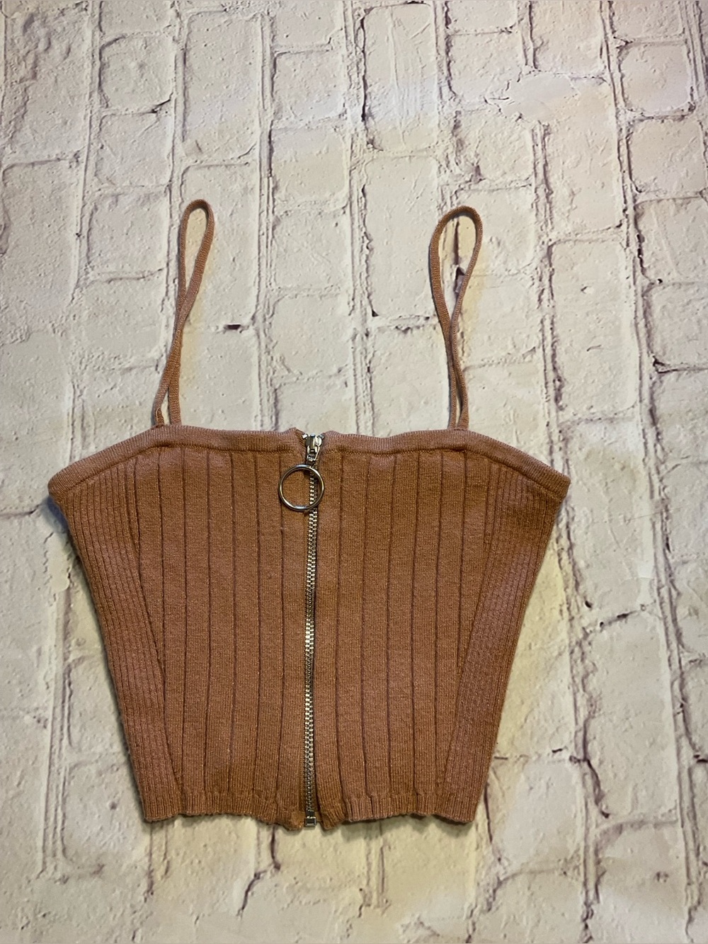 Kendall & Kylie Ribbed Zip-Front Cropped Cami — Brown